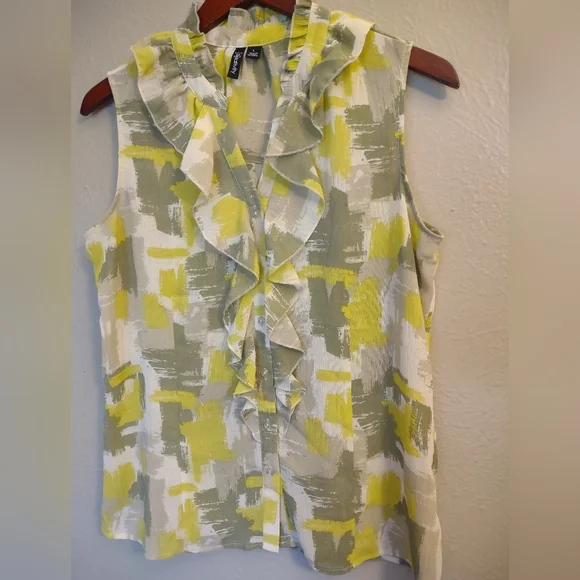 Relativity Sleeveless Ruffle Neck Blouse Lime Green Gray Abstract Print Large - Picture 4 of 9